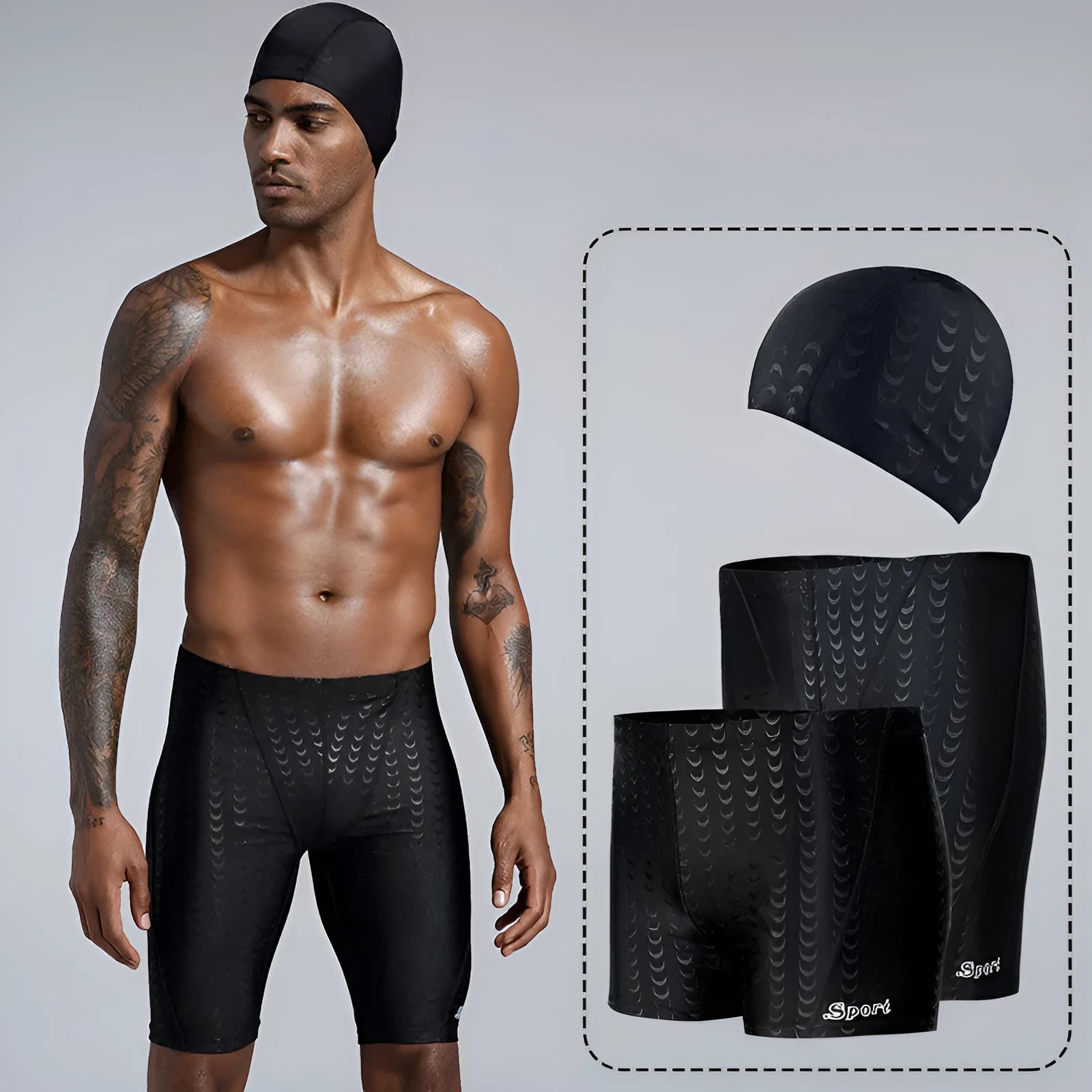 Men's solid colour swimming trunks in shark skin polyester fabric for beach surfing and swimming