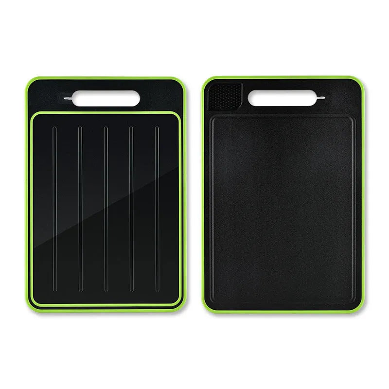 Grey square aluminium cutting board with double sides, integrated knife sharpener and grinding surface