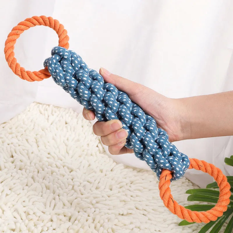 Blue double-ring cotton knot dog chew toy measuring 37cm with braided rope construction