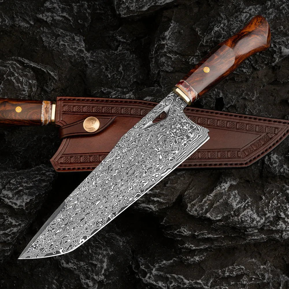 Damascus steel chef's knife with 21.8cm blade, milky off-white handle, and Damascus pattern steel construction