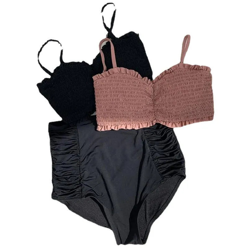 Women's retro high waist split bikini briefs in cameo brown or black colours