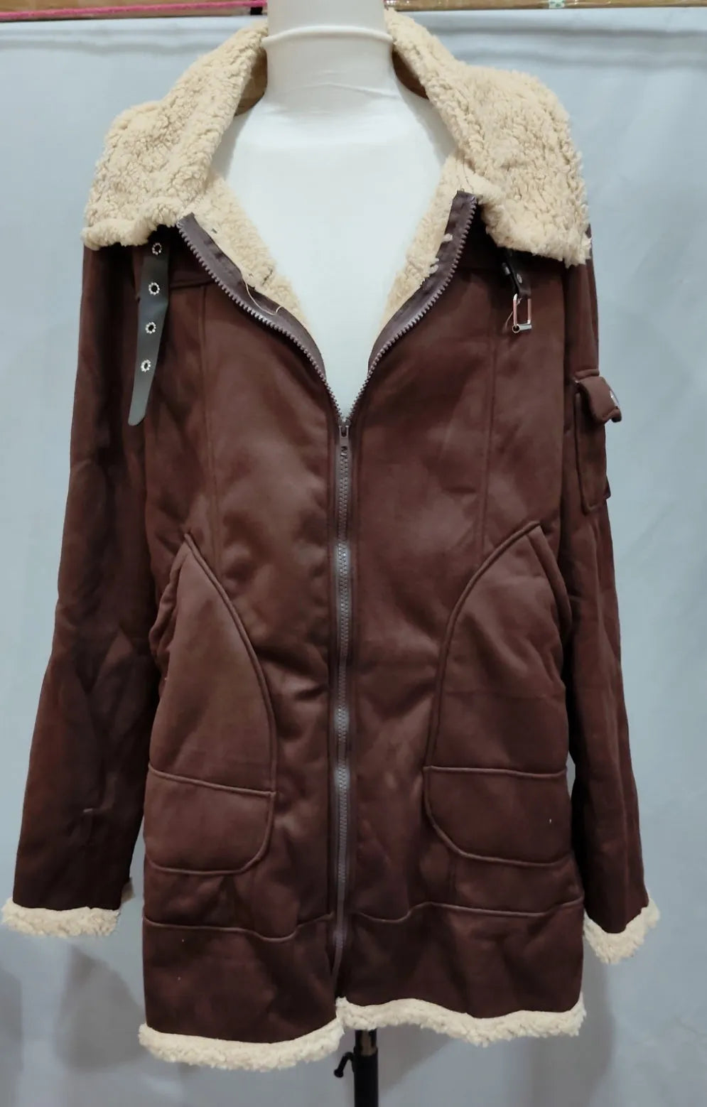 Men's winter military fleece jacket with fur collar in black, medium length with multiple pockets