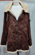 Men's winter military fleece jacket with fur collar in black, medium length with multiple pockets