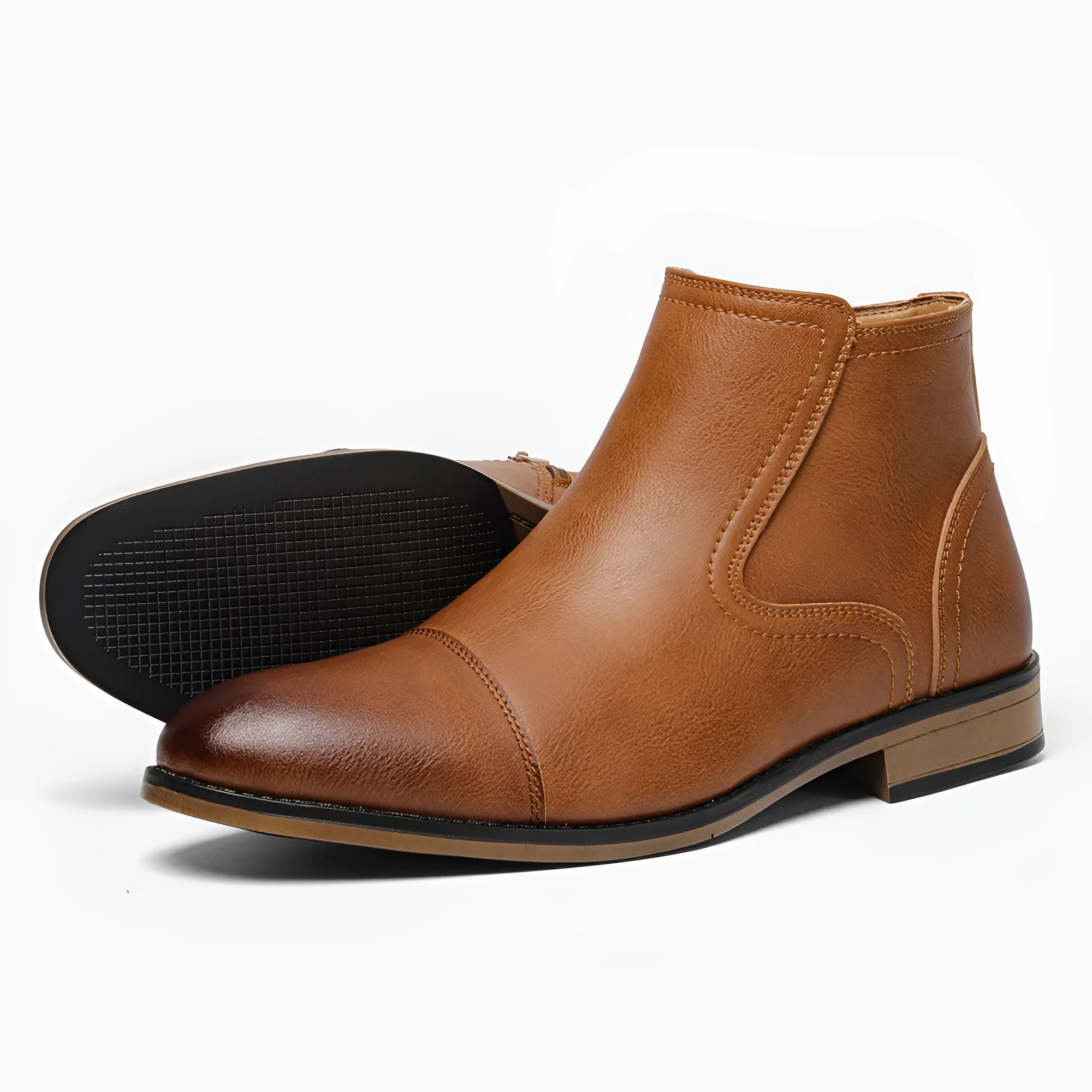 Men's brown side-zip Chelsea boot with round toe and low wooden sole on a white background.