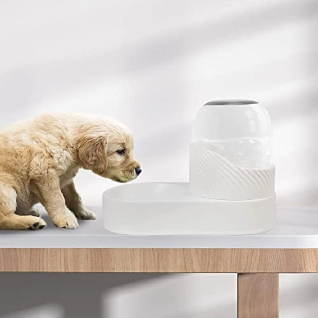 White wave-shaped automatic cat feeder and water dispenser set with 2-litre capacity.