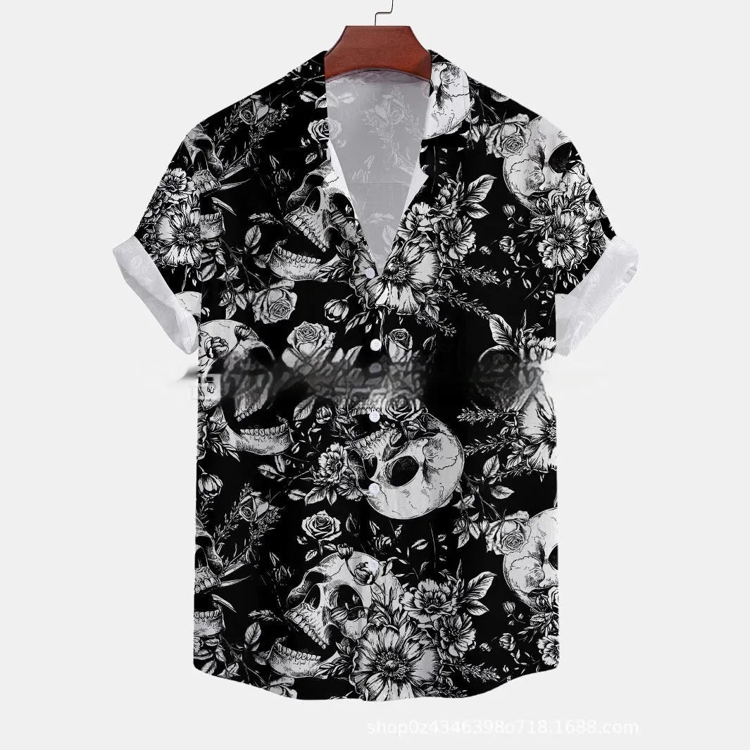 A loose-fitting men's short-sleeved casual shirt with a floral print, shown in a cardigan style.