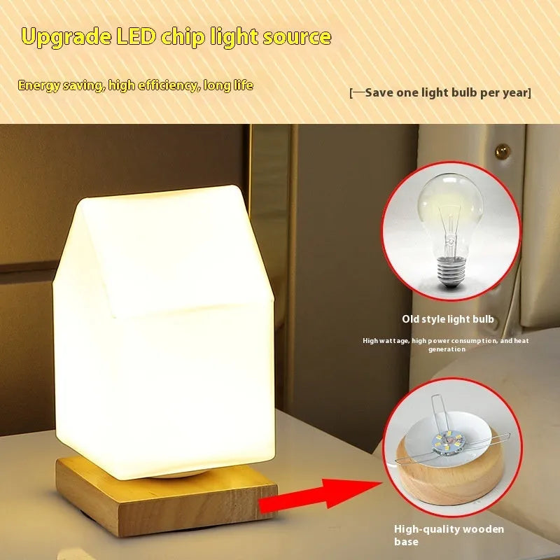 Nordic solid wood USB table lamp in cube shape with touch dimming for bedroom use