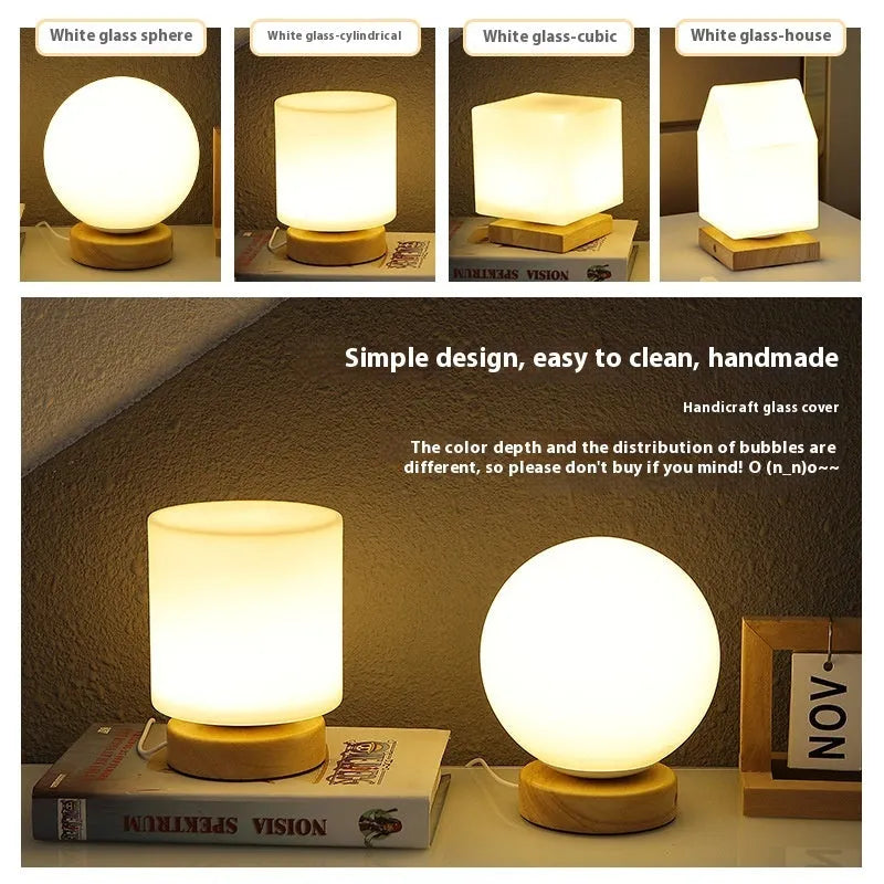 Nordic solid wood USB table lamp in cube shape with touch dimming for bedroom use
