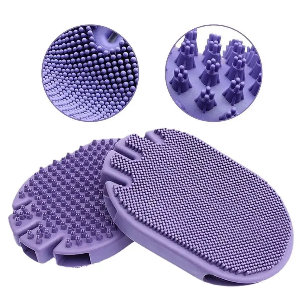 Purple dual-sided TPR pet massage and shampoo brush for dogs and cats.