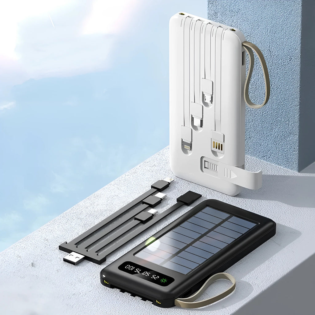 Cool black and ivory white solar power bank showing front display and solar panel.