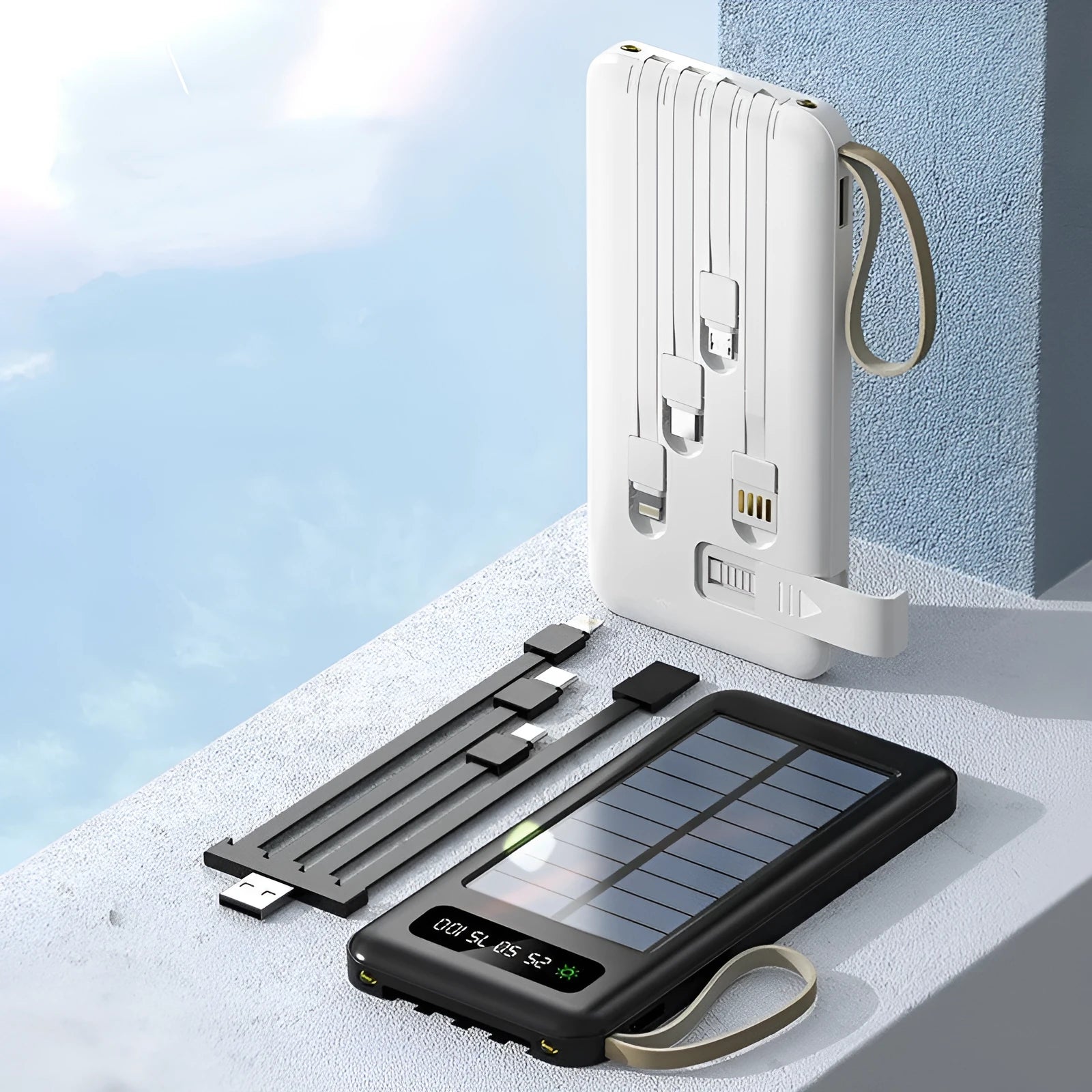 Cool black and ivory white solar power bank showing front display and solar panel.
