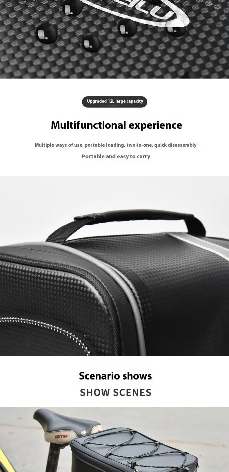 Black waterproof bicycle rack bag with 12L capacity for vehicle mountain equipment transport