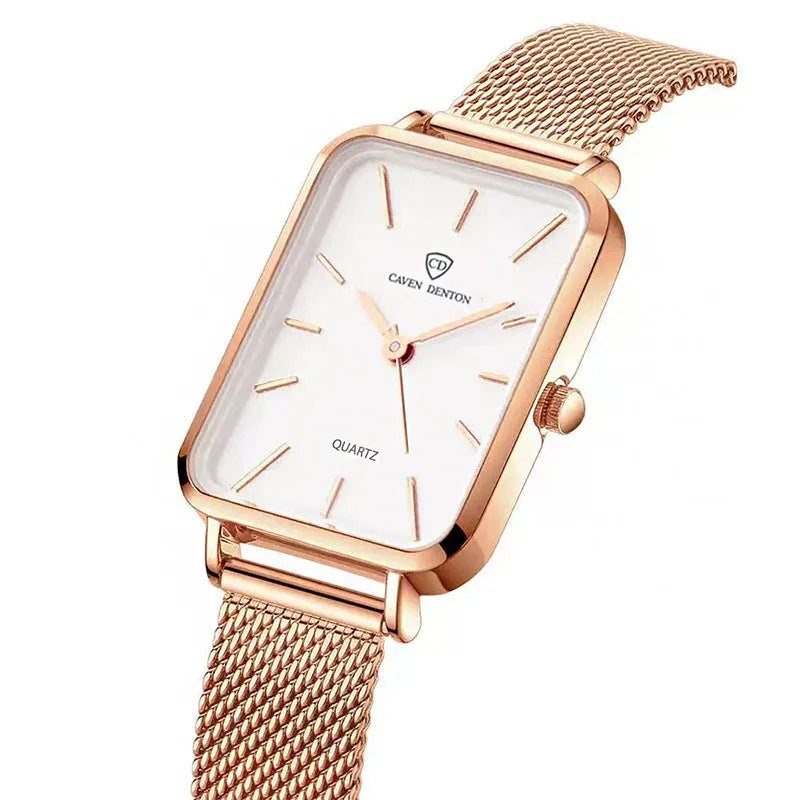 Women's waterproof quartz watch with woven steel strap in rose gold or silver.