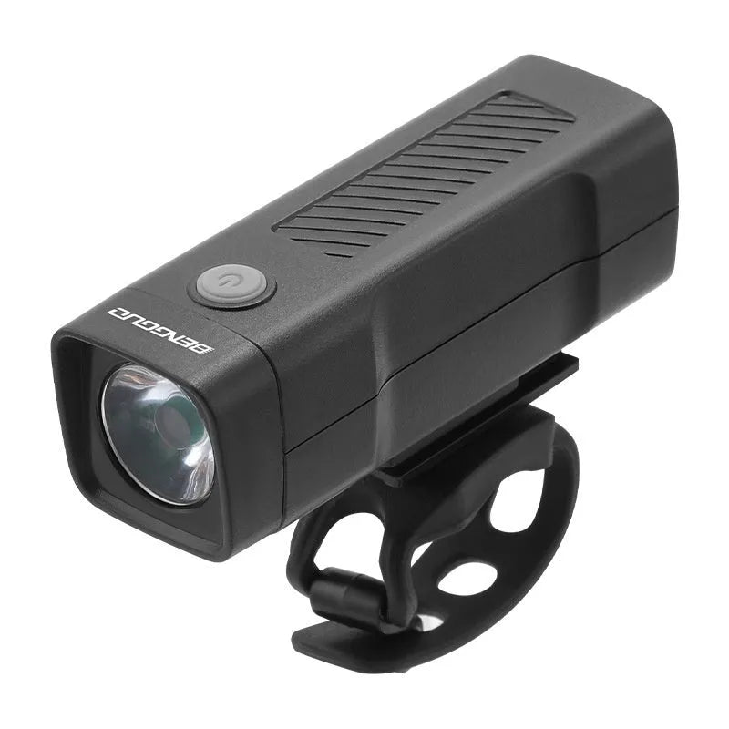 Black USB rechargeable bicycle headlight with quick-release strap mount on handlebars.