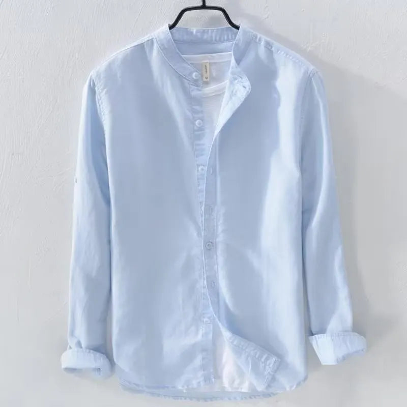 Men's loose fit long sleeve casual shirt in a cotton linen fabric, shown in a solid colour.