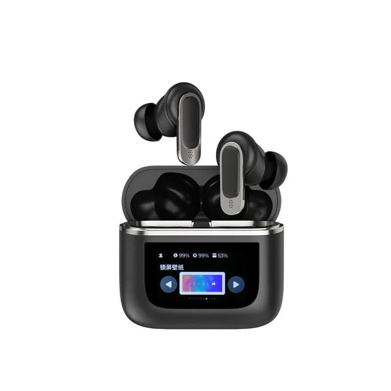 Touch screen active noise reduction Bluetooth headset in black with visible display on earpiece.