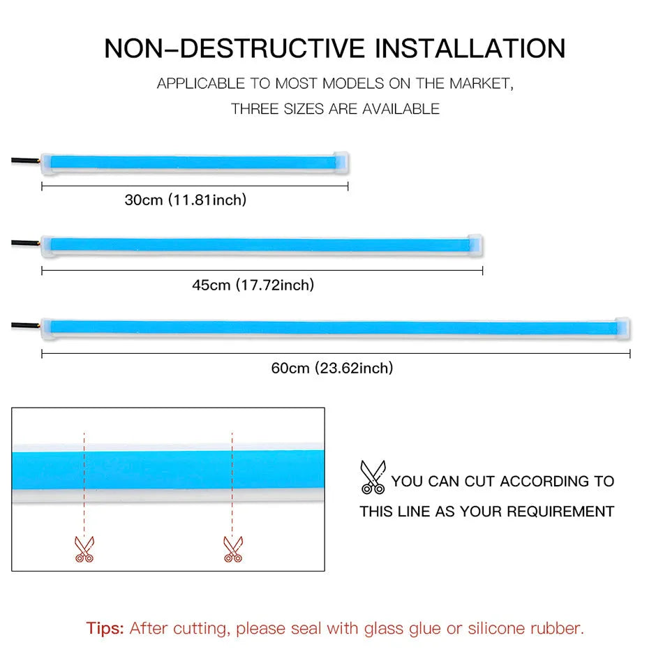 Two-colour LED flowing water car daytime running light silicone strip 0.3 cm thick 30cm length