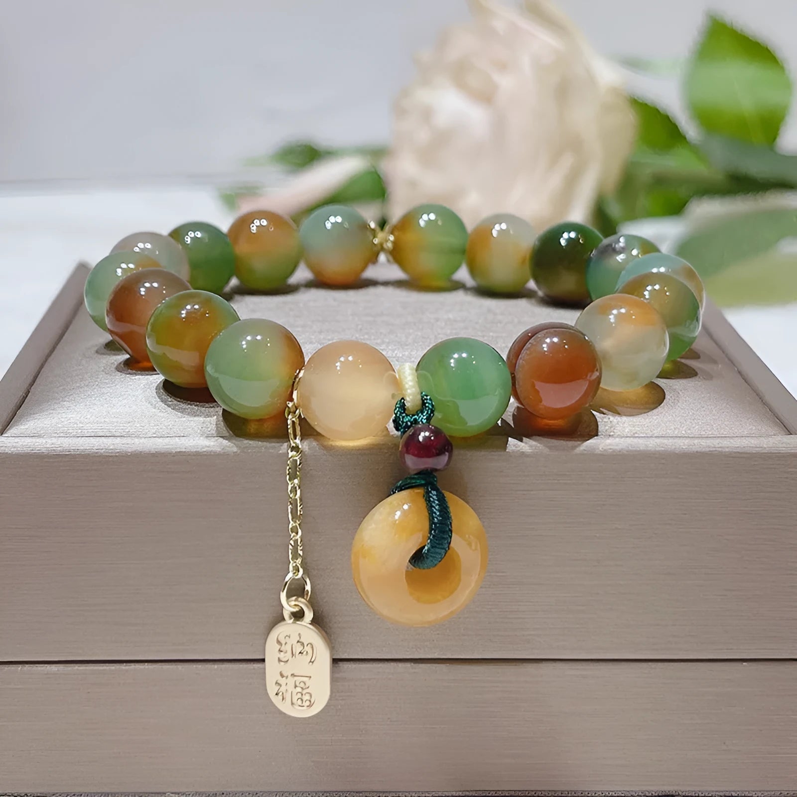 Women's yellow peacock agate and topaz bracelet with peace buckle fastening, 1cm wide national style design