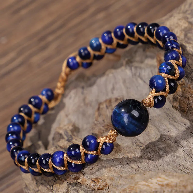 Handmade woven geometric pull bracelet with adjustable sliding knot in blue tiger eye stone