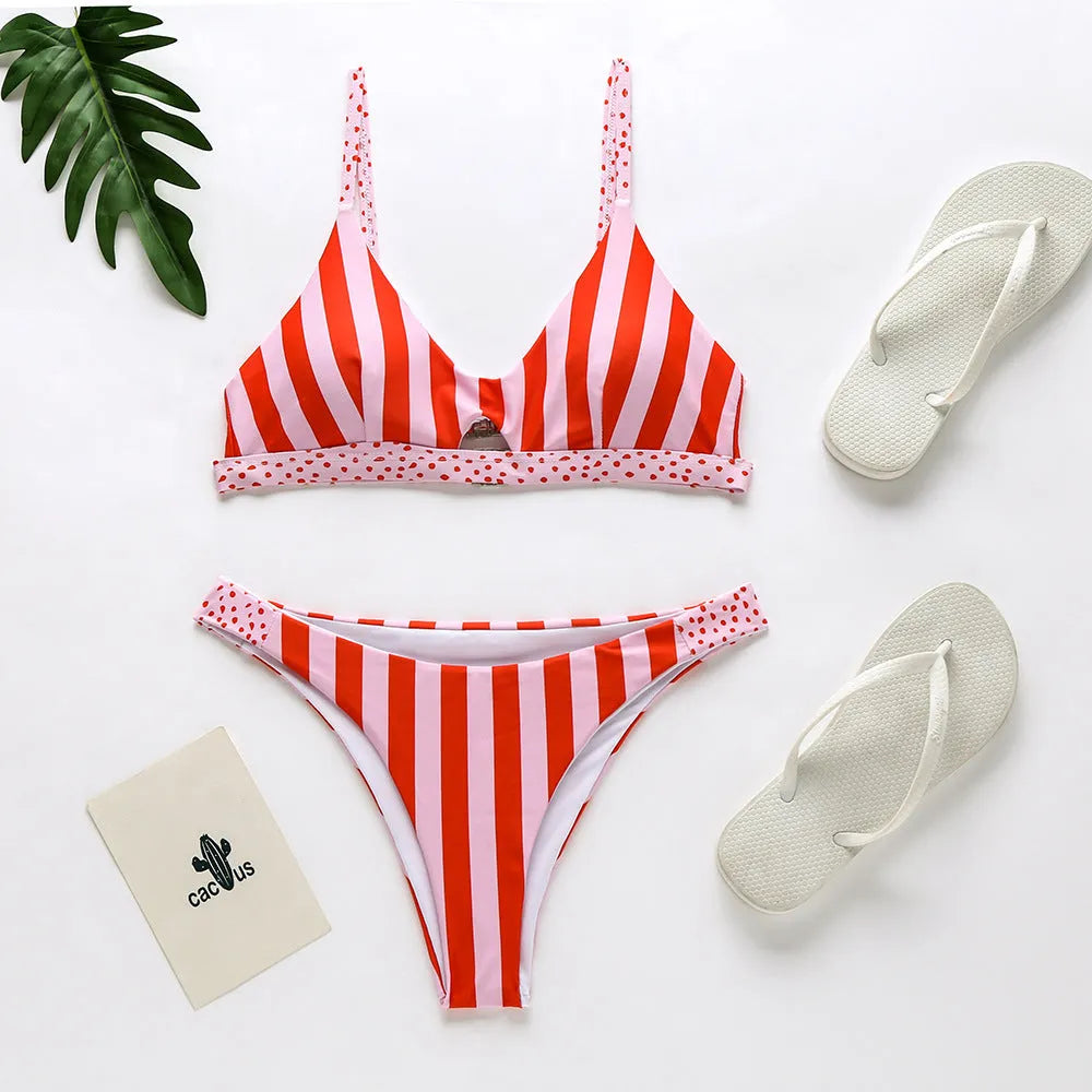 Women's bikini swimsuit in black and white dots or red and white stripes patterns