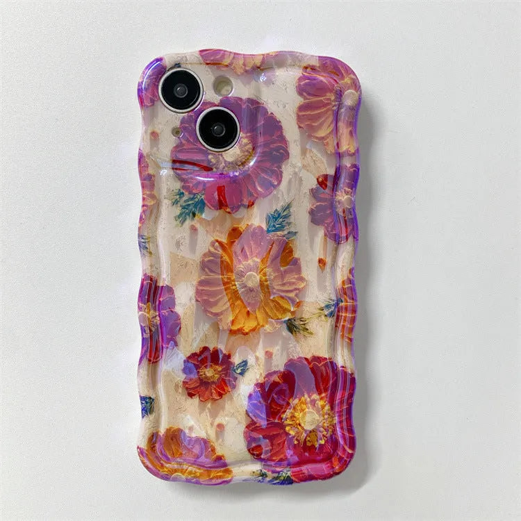 Silicone phone case for Apple iPhone 13 Pro Max with embossed art oil painting flower design in blue light meteorite pattern twisted border