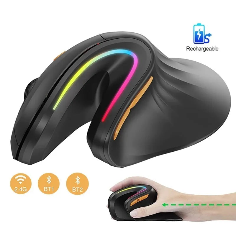 Black vertical Bluetooth mouse with RGB lighting, USB receiver, and charging cable on desk