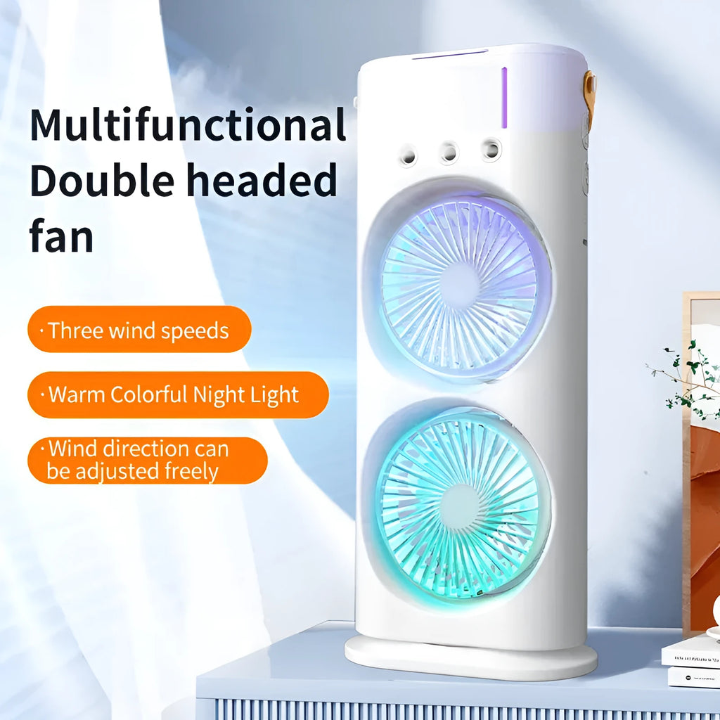 White portable air cooler with double fan design and humidifying spray function