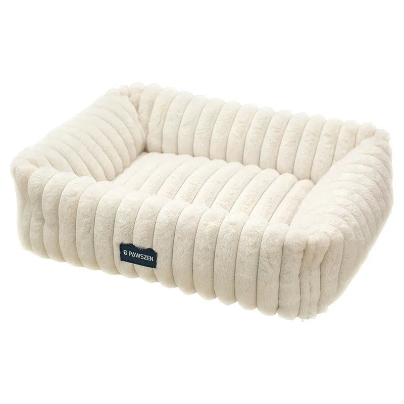 Square dog bed in grey or white striped cloth, available in sizes S to XL, with XL measuring 90cm x 68cm x 21cm