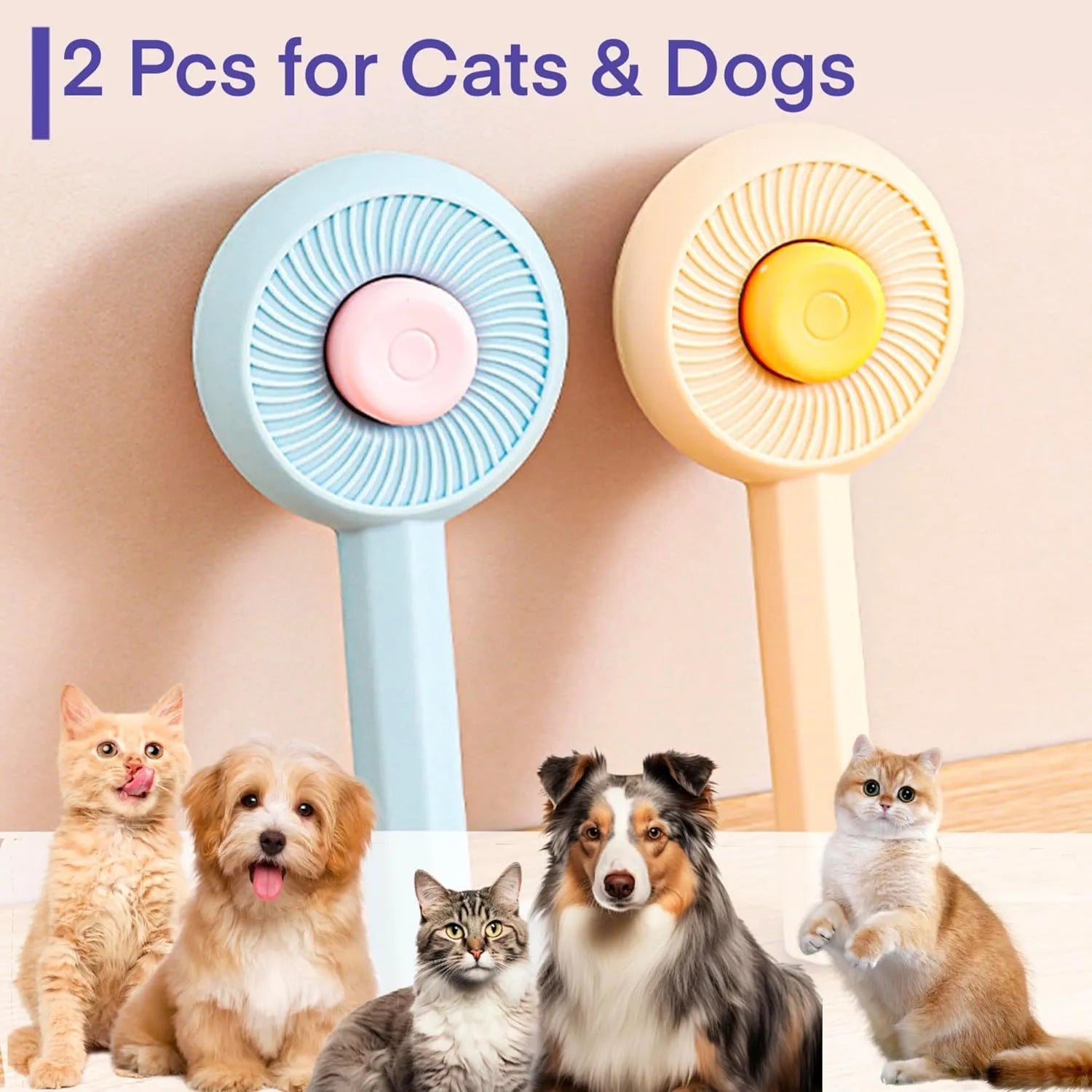 Blue pet grooming brush with angled metal needles and self-cleaning button