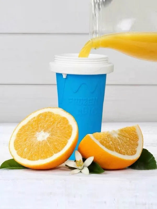 Blue quick refrigeration pinch cup showing cylindrical shape with double-layer food-grade silicone construction