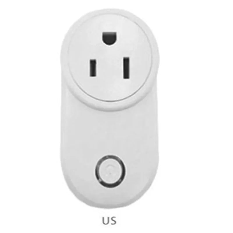 White wifi smart socket with UK British Standard three-pin plug on a table.
