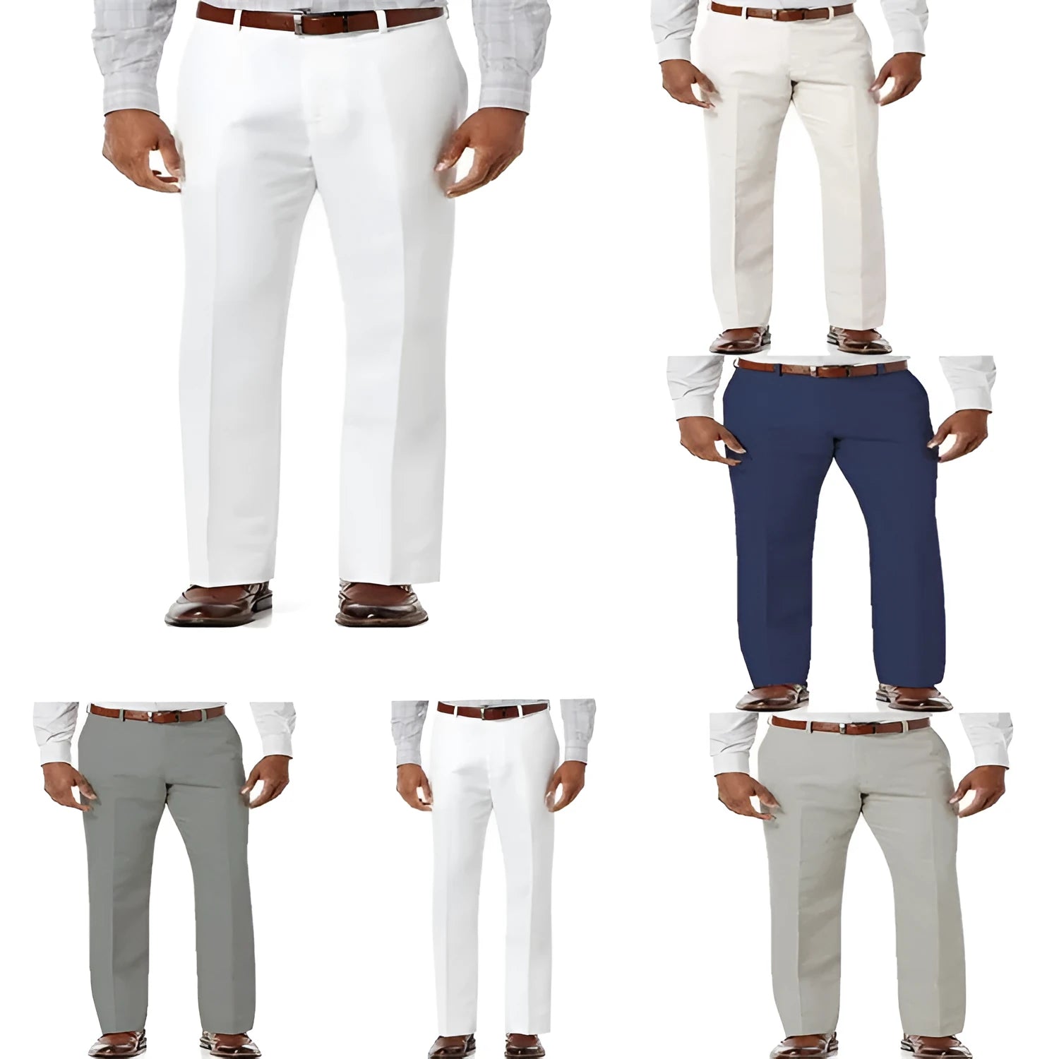 Men's solid colour linen blend trousers with slant pockets laid flat, showing beige white colour option.