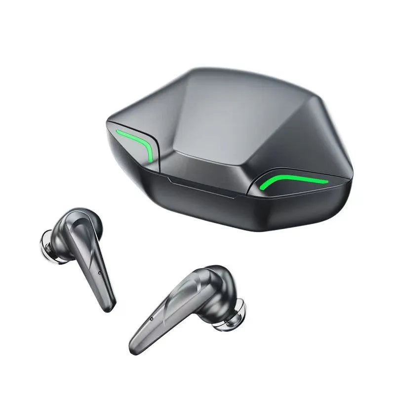 Wireless Bluetooth gaming headset with charging case, available in black, grey, white, and yellow colours.