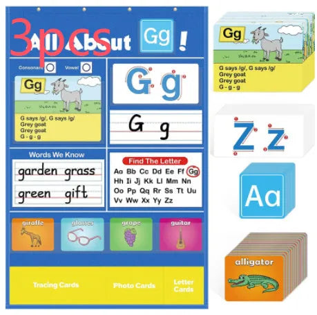 Large alphabet learning sleeve chart with colourful letter, word, and picture cards displayed on its surface.