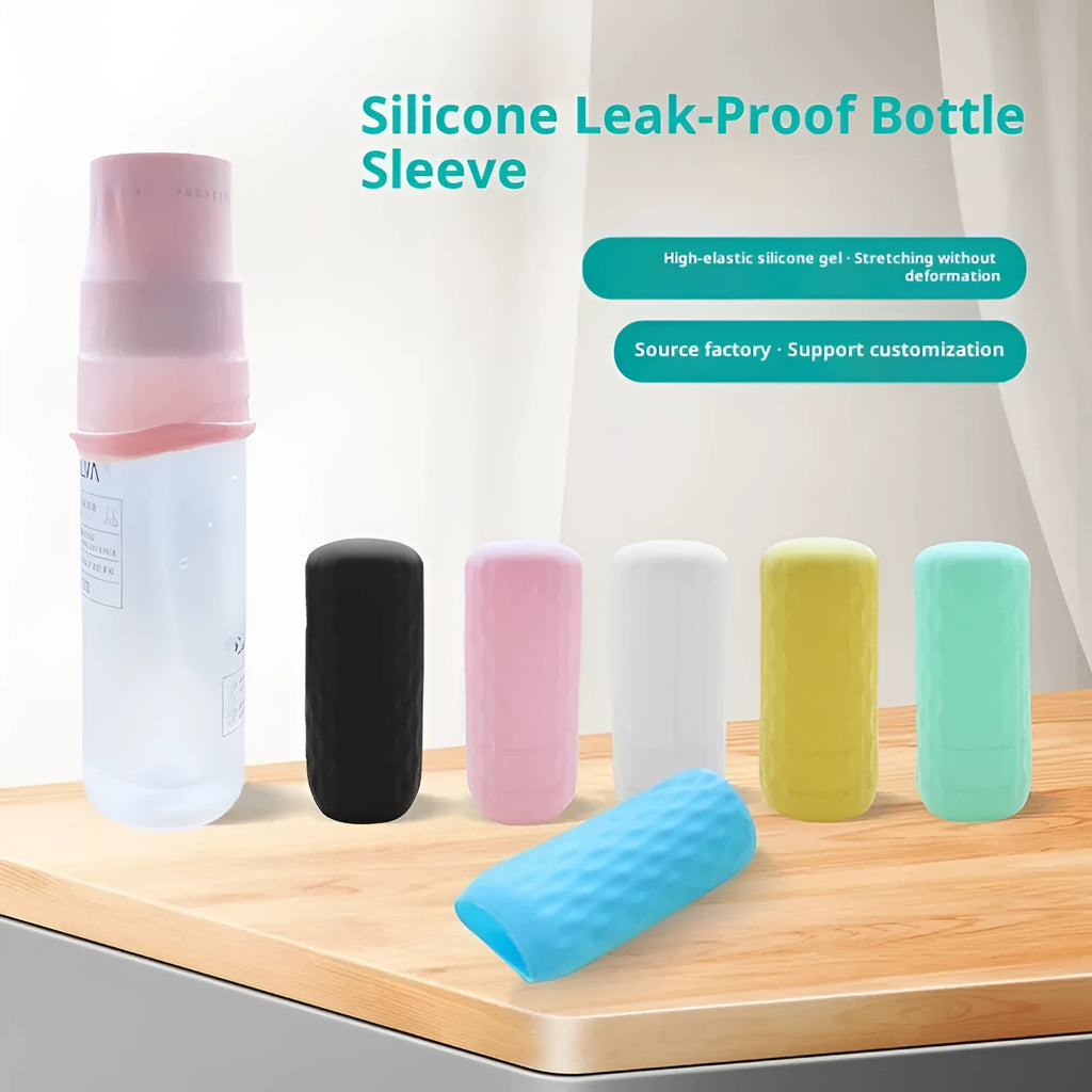 Six silicone protective cases for travel storage bottles in assorted colours on white background