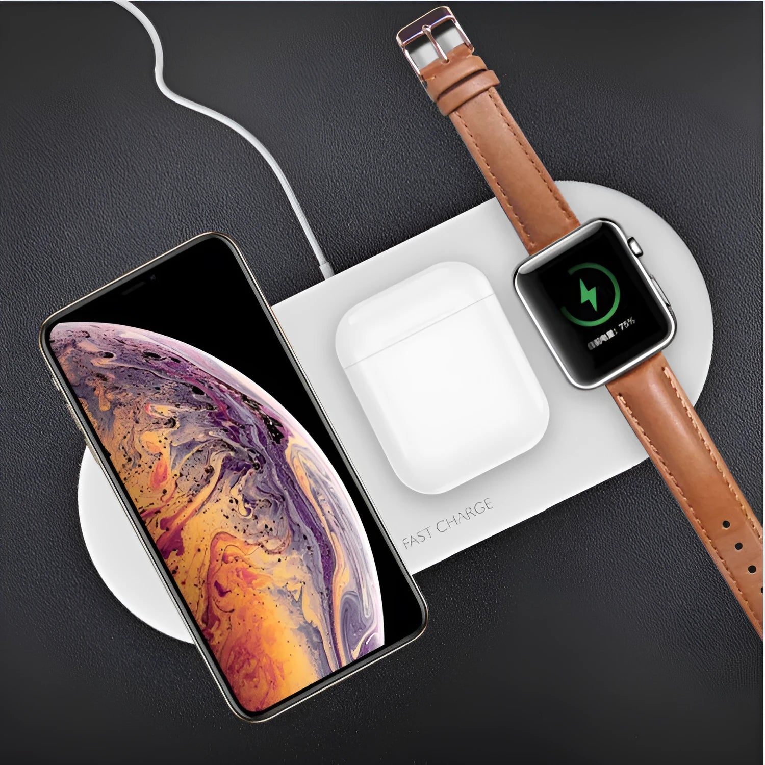 Three-in-one wireless charging station for Apple iPhone, Watch and AirPods on desktop