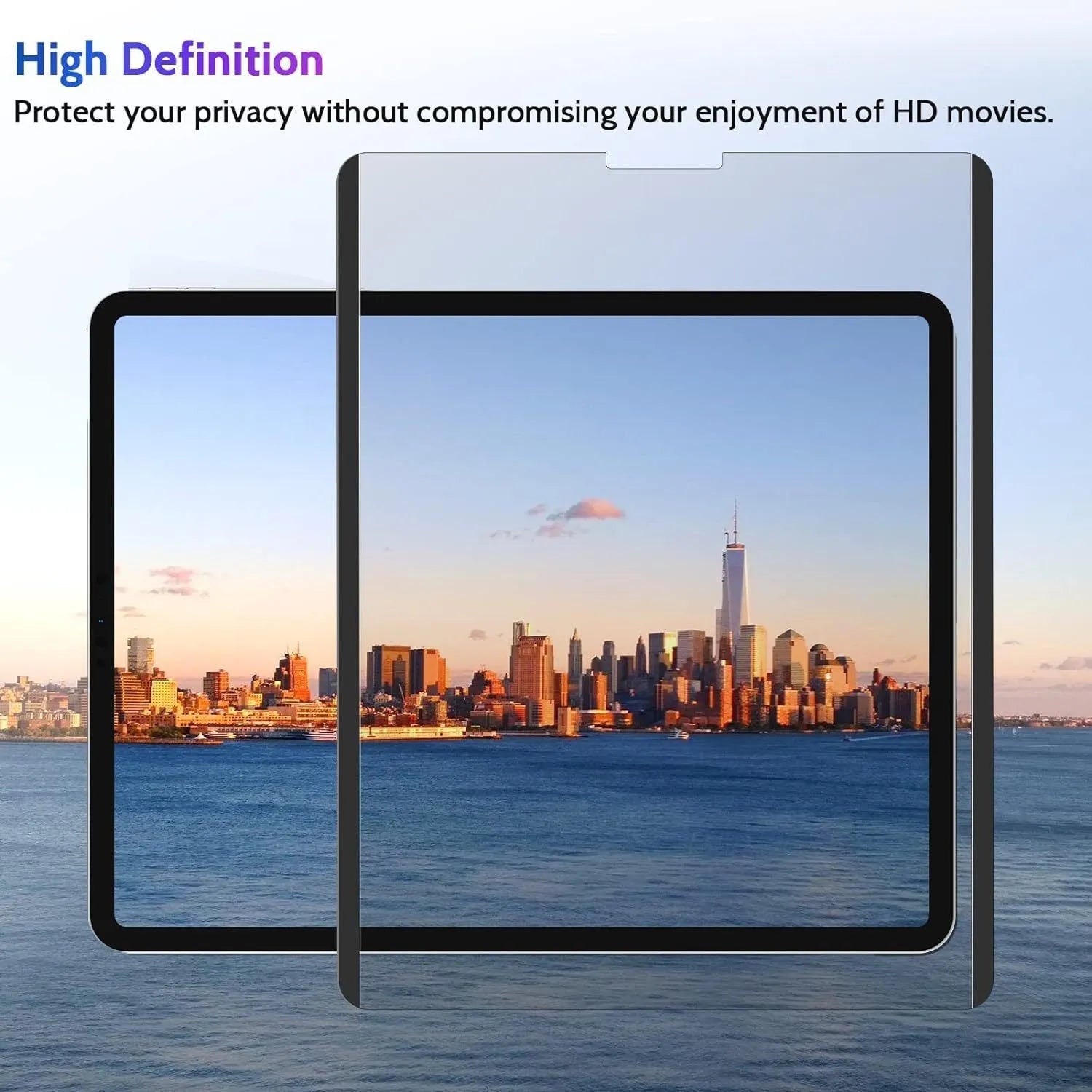 Magnetic anti peeping film for iPad with paper-like texture and a 360-degree storage clip on colour card packaging.