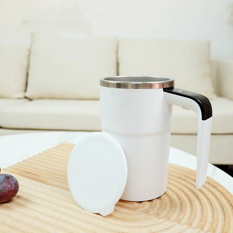Black automatic stirring electric coffee mug with LCD temperature display and USB charging port