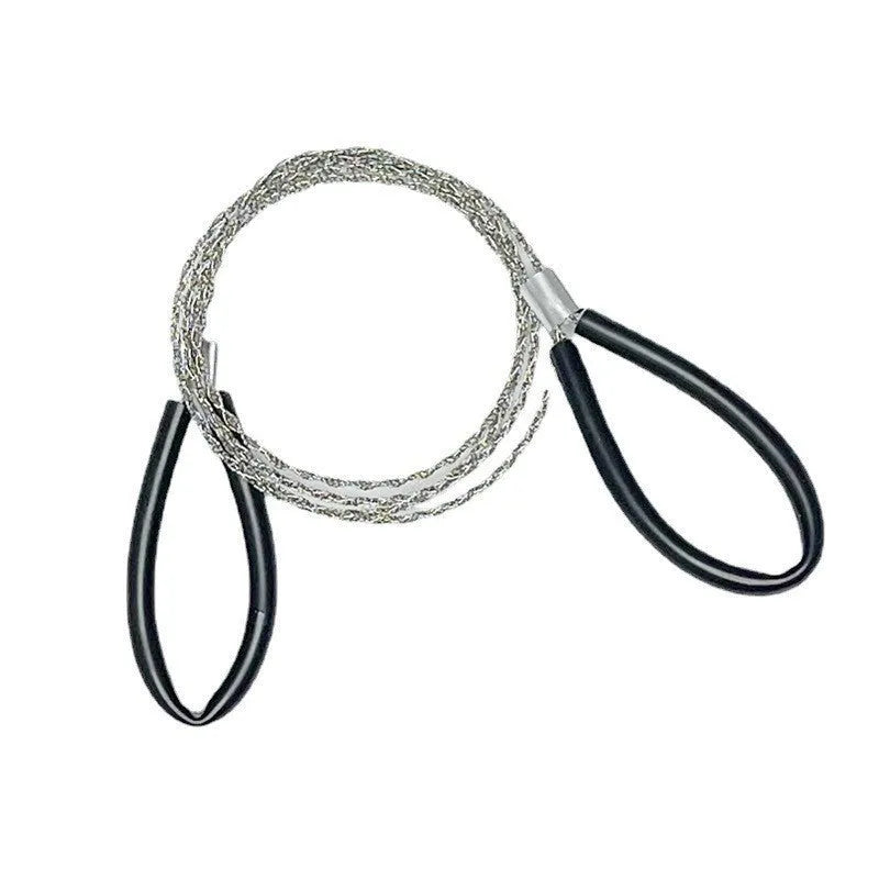 Black and red survival wire saw with leather case on a wooden background, showing its extended length.