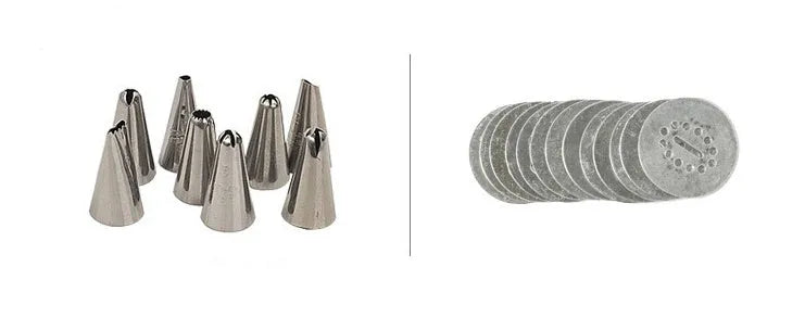 Stainless steel biscuit press machine with cookie moulds and piping nozzles in a gift box.