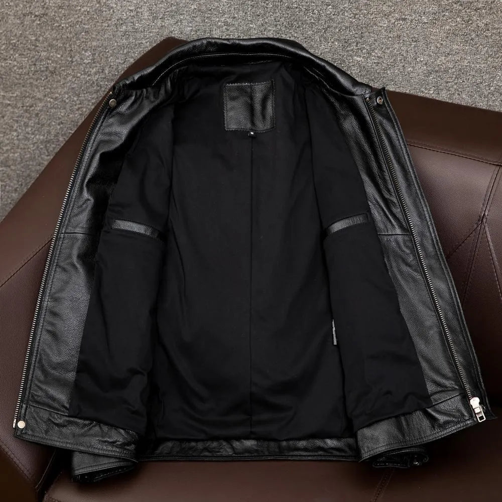 Men's black lapel collar PU leather jacket with patterned detailing and side pockets