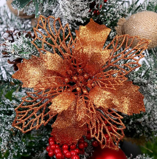 16cm diameter Christmas tree wreath with glitter powder finish in gold colour on a tabletop