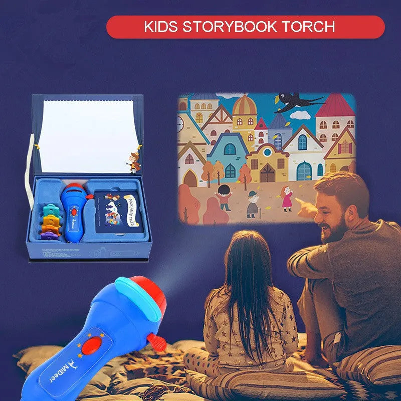 SmartKids storybook projector torch with four fairy tale discs projecting images on wall