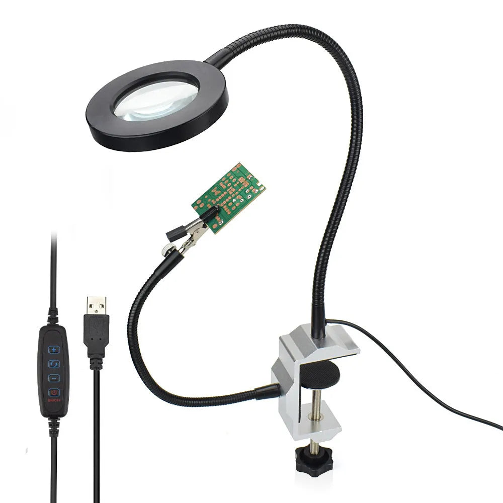 Soldering station LED lamp magnifying glass with 42 SMD LED lights 3x magnification K9 optical glass aluminium alloy base spring steel cardan joint 240mm 400mm gimbal tube for electronics repair workstation