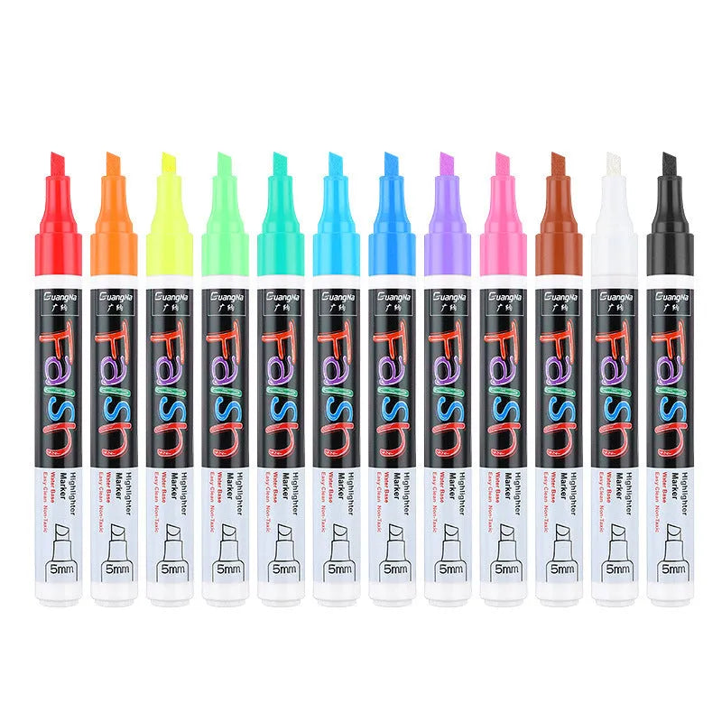 8-colour and 12-colour electronic fluorescent board highlighter pen with 6mm oblique tip on a card.