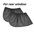 Car side window mesh sunshade showing non-woven fabric screen with elastic edge installation on vehicle window
