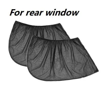 Car side window mesh sunshade showing non-woven fabric screen with elastic edge installation on vehicle window