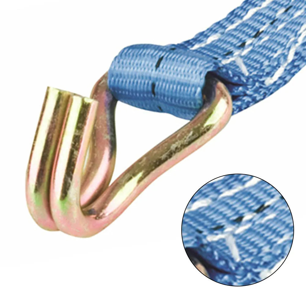 Steel ratchet tensioner with double hooks on a grey polyester fastening strap for cargo binding