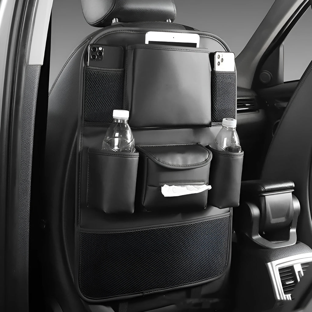 Leather car seat back storage bag in black grey green or brown hanging behind vehicle seat
