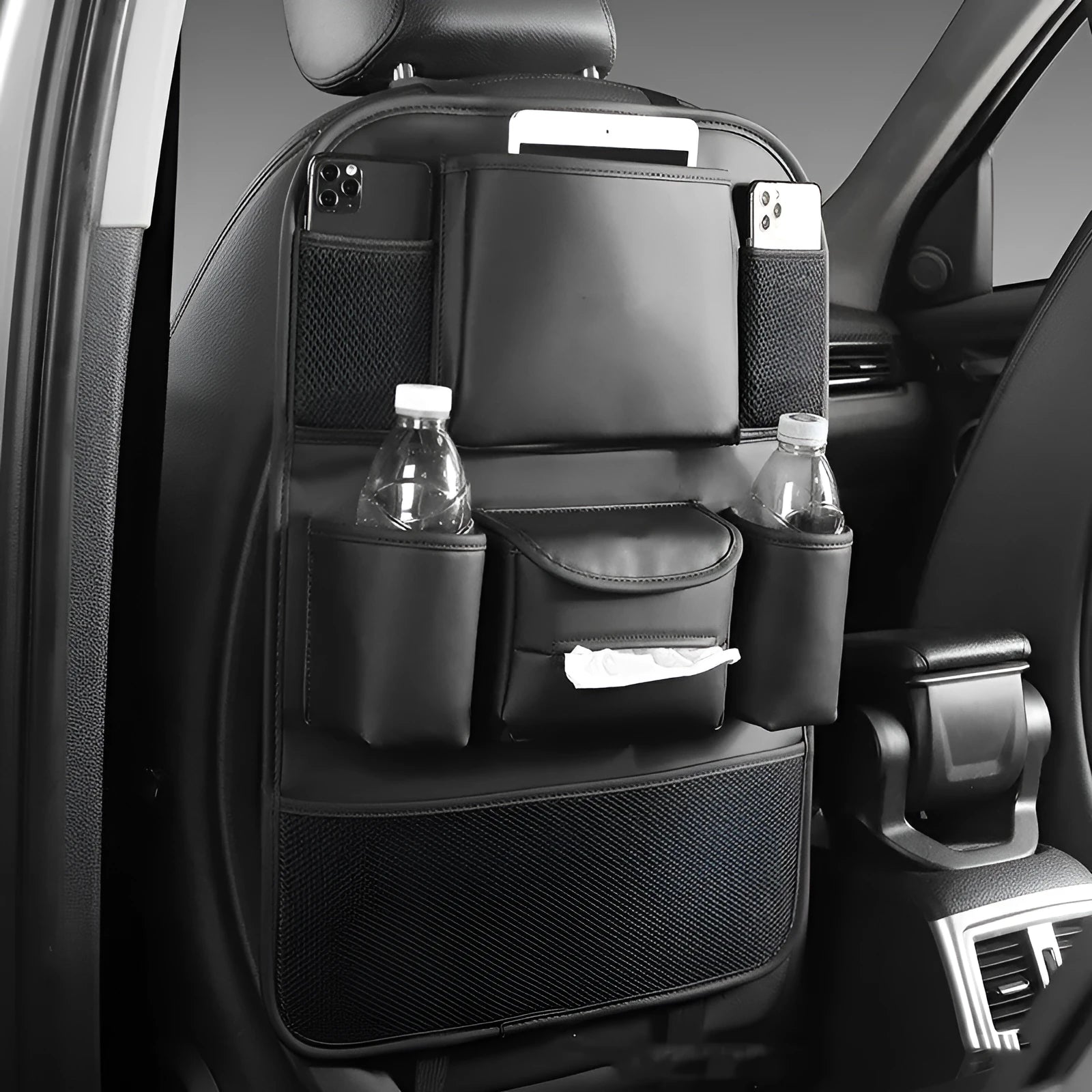 Leather car seat back storage bag in black grey green or brown hanging behind vehicle seat